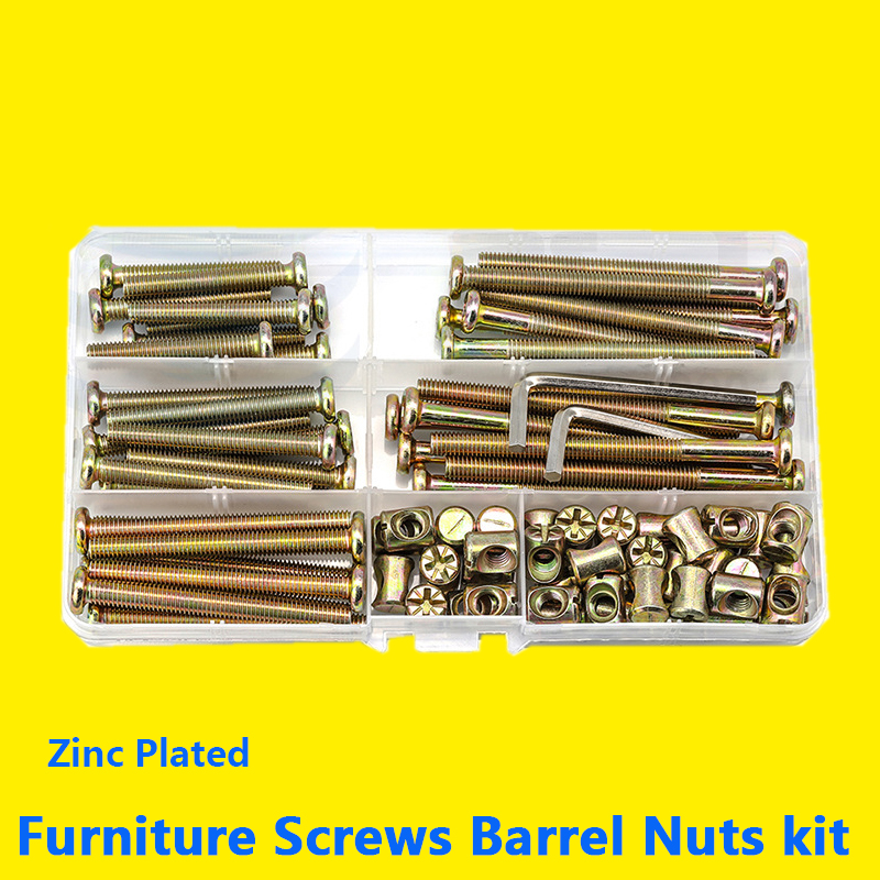 Furniture Hardware Barrel Nut - ชุดสกรูหัวหกเหลี่ยมแบบแบนสำหรับเฟอร์นิเจอร์ พร้อมน็อตทรงกระบอก ชุดสกรูสำหรับเตียงเด็ก ชุดอุปกรณ์ฮาร์ดแวร์สำหรับเตียงเด็ก ผลิตจากเหล็กกล้าคาร์บอน M6
