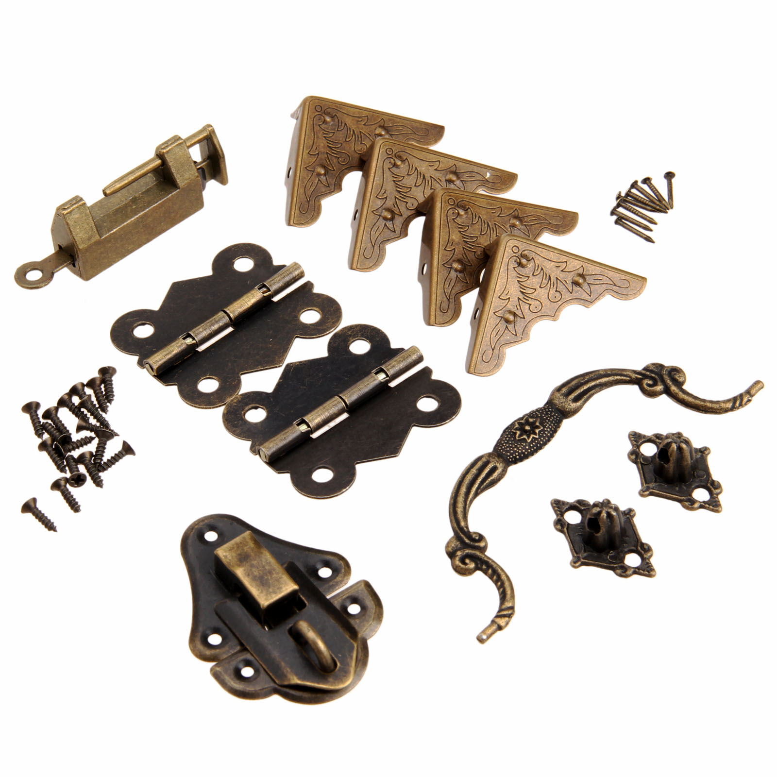 Furniture Hardware Knobs - 9ชิ้น/เซ็ตอุปกรณ์เฟอร์นิเจอร์จีนฮาร์ดแวร์ทองเหลืองโบราณไม้กล่อง Latch Hasp + มือจับ +