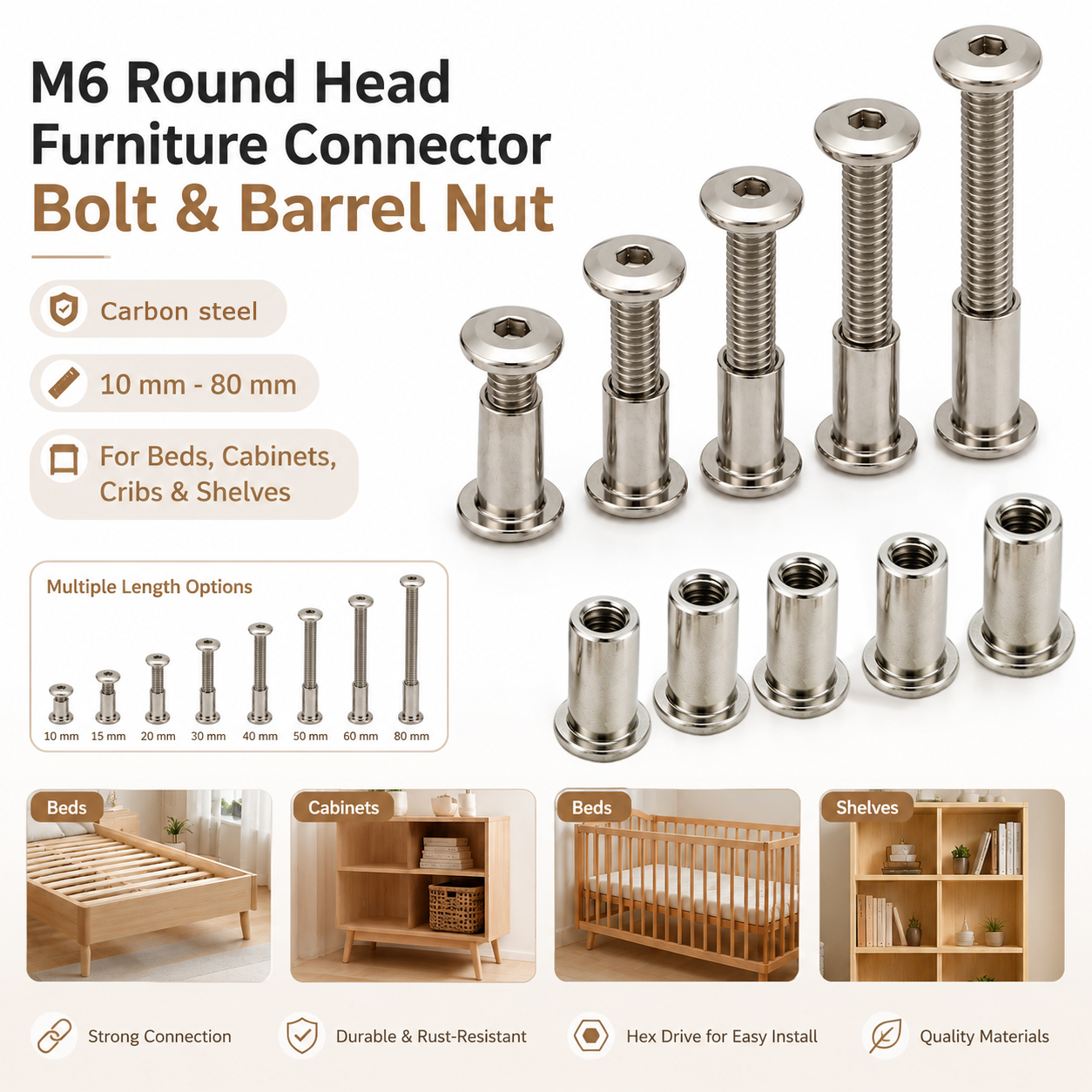 Furniture Hardware Barrel Nut - 5-20 ชิ้น สลักเกลียวและน็อตเชื่อมต่อเฟอร์นิเจอร์ M6 ทำจากเหล็กคาร์บอน, น็อตทรงกระบอกหัวหกเหลี่ยมสำหรับเตียง,